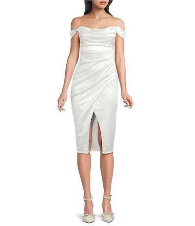 Honey and Rosie Off The Shoulder Drape Neck Pleated Wrap Lace Up Back Midi Dress