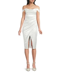 Honey and Rosie Off The Shoulder Drape Neck Pleated Wrap Lace Up Back Midi Dress