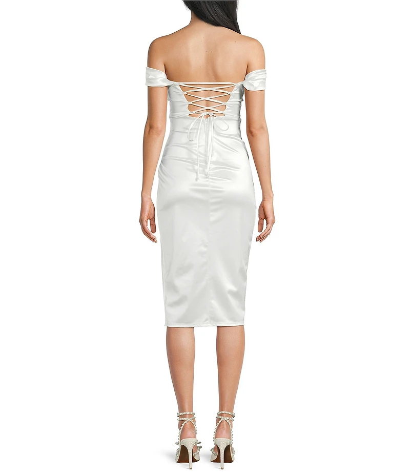 Honey and Rosie Off The Shoulder Drape Neck Pleated Wrap Lace Up Back Midi Dress