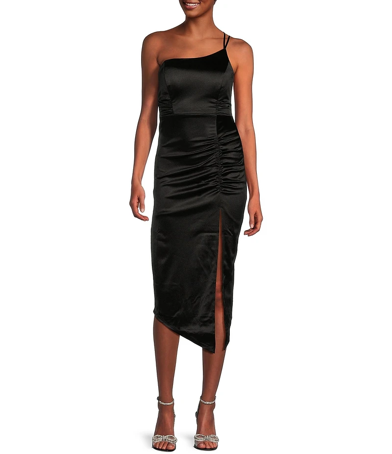 One Shoulder Shirred Side Slit Satin Midi Dress