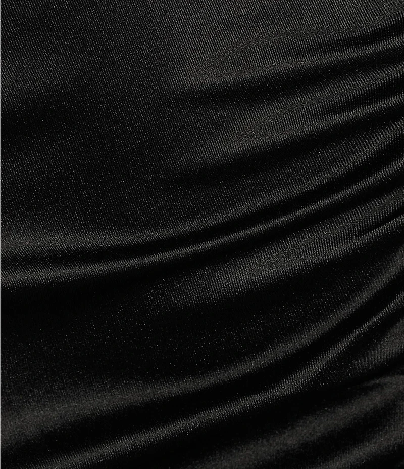 One Shoulder Shirred Side Slit Satin Midi Dress