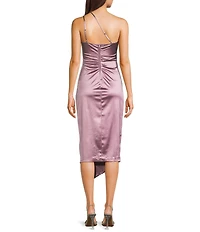 One Shoulder Shirred Side Slit Satin Midi Dress