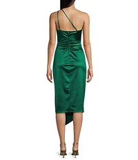 One Shoulder Shirred Side Slit Satin Midi Dress