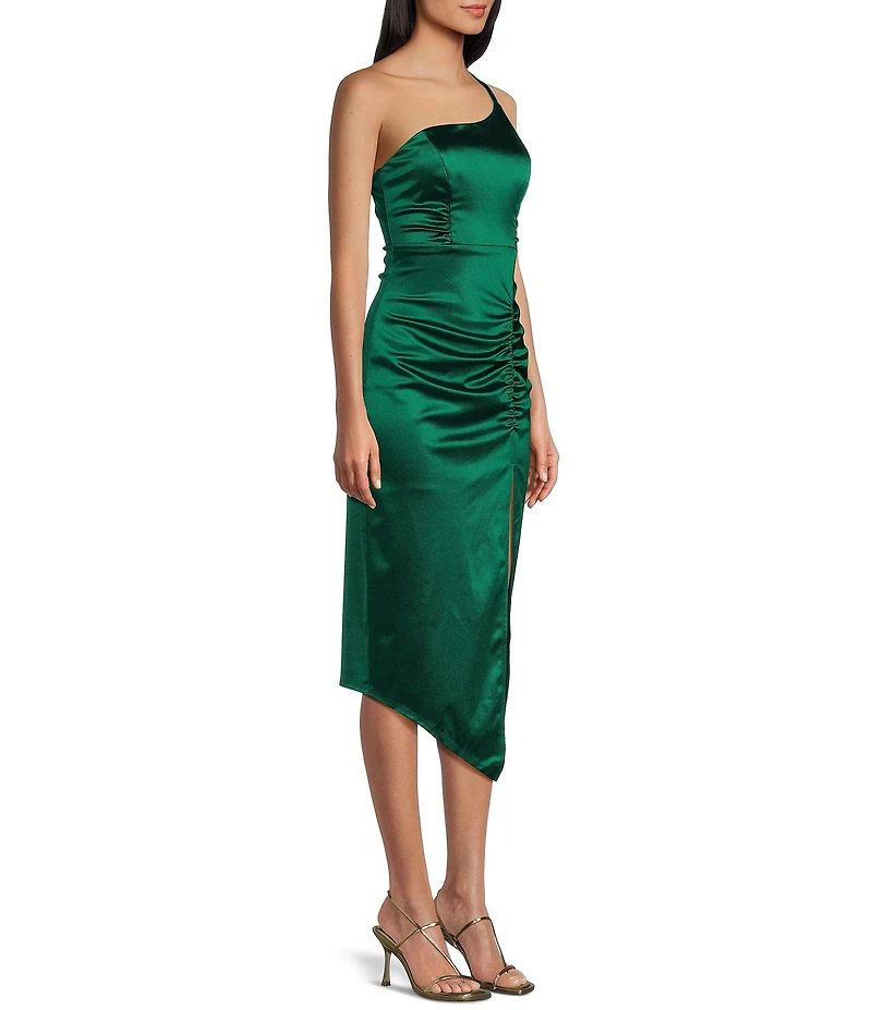 One Shoulder Shirred Side Slit Satin Midi Dress