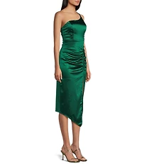One Shoulder Shirred Side Slit Satin Midi Dress