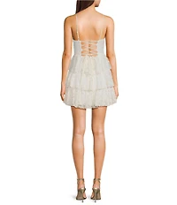 Honey and Rosie Patterned Lace Shirred Bust Tiered Mini Dress