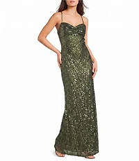 Honey and Rosie Patterned Sequin Cowl Neck Crisscross Bar Back Side Slit Dress
