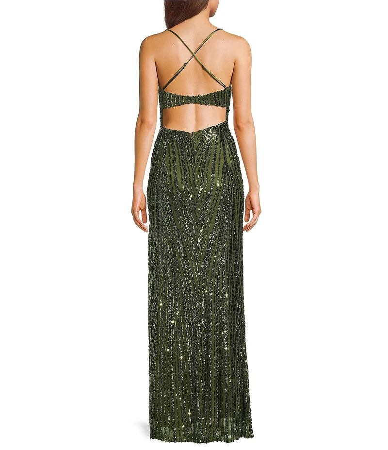 Honey and Rosie Patterned Sequin Cowl Neck Crisscross Bar Back Side Slit Dress
