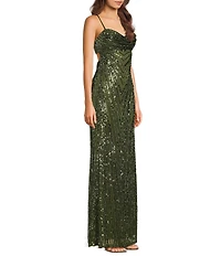 Honey and Rosie Patterned Sequin Cowl Neck Crisscross Bar Back Side Slit Dress