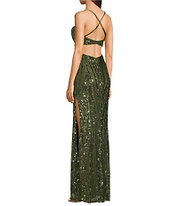 Honey and Rosie Patterned Sequin Cowl Neck Crisscross Bar Back Side Slit Dress