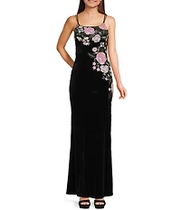 Honey and Rosie Placement Sequin Embroidered Lace Up Back Gown