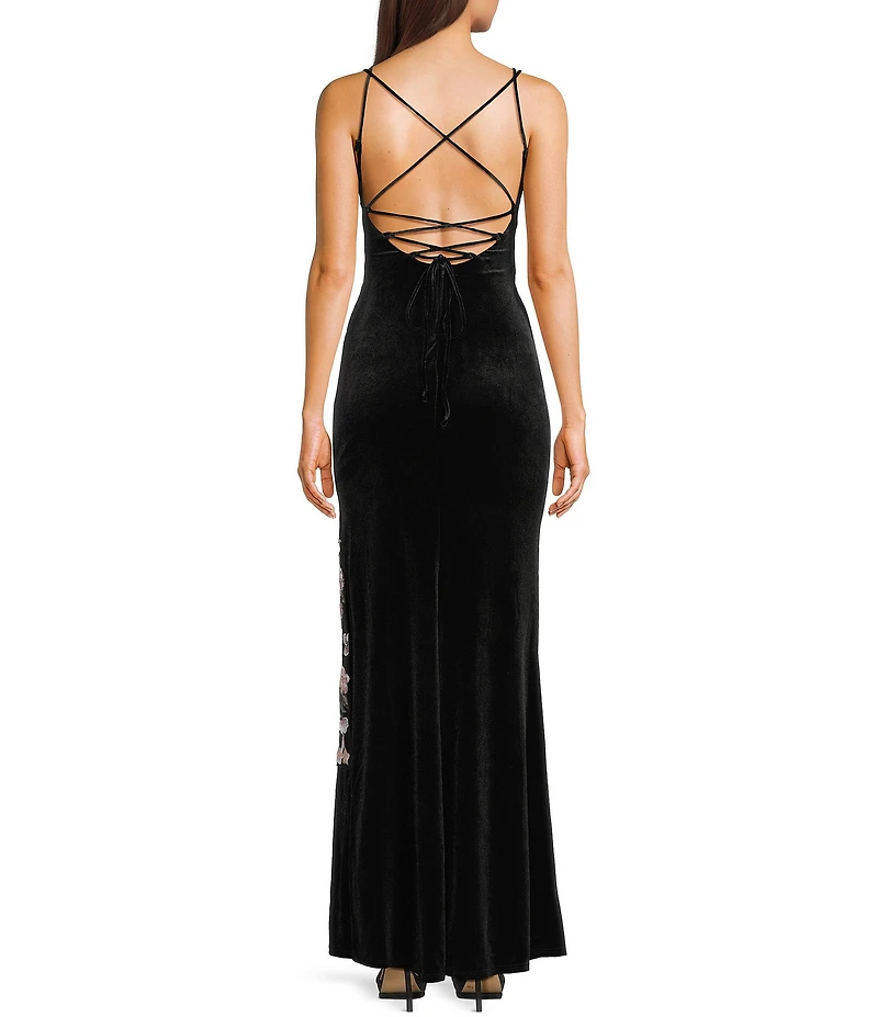 Honey and Rosie Placement Sequin Embroidered Lace Up Back Gown
