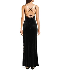 Honey and Rosie Placement Sequin Embroidered Lace Up Back Gown