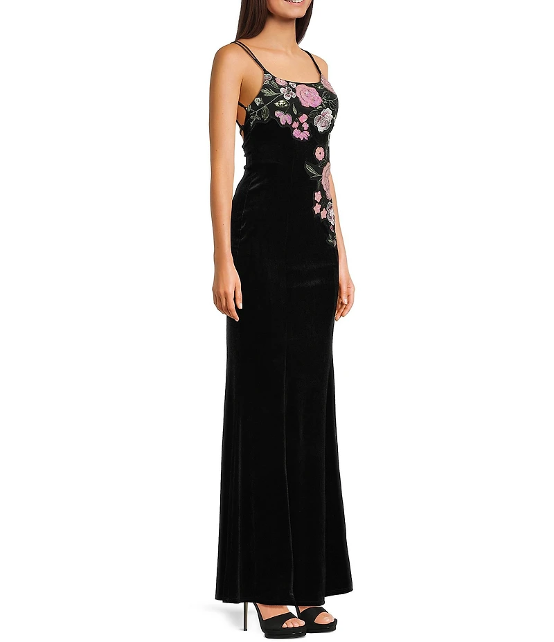 Honey and Rosie Placement Sequin Embroidered Lace Up Back Gown