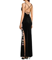 Honey and Rosie Placement Sequin Embroidered Lace Up Back Gown