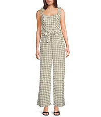 Honey and Rosie Plaid Sweetheart Neck Tie Shoulder Pleated Jumpsuit