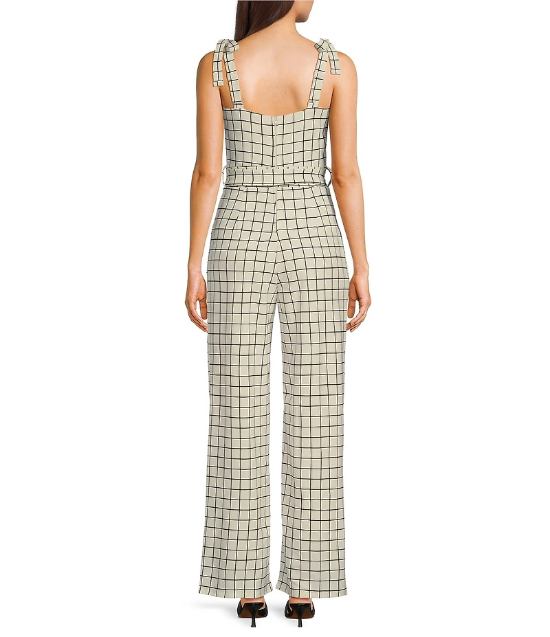 Honey and Rosie Plaid Sweetheart Neck Tie Shoulder Pleated Jumpsuit