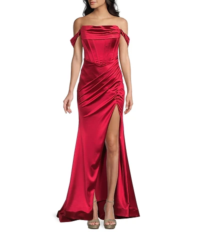 Honey and Rosie Pleated Drape Off The Shoulder Neck Corseted Lace Up Back Train Dress