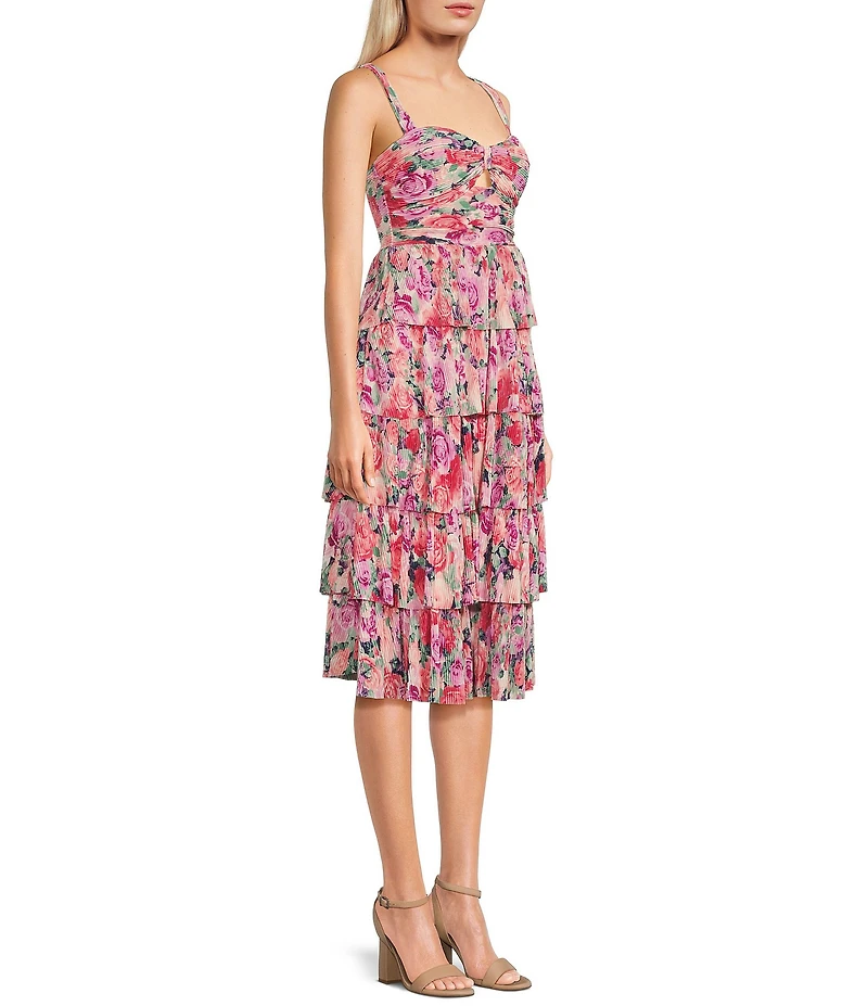 Honey and Rosie Pleated Floral Print Sleeveless Sweetheart Neck Keyhole Tiered Dress