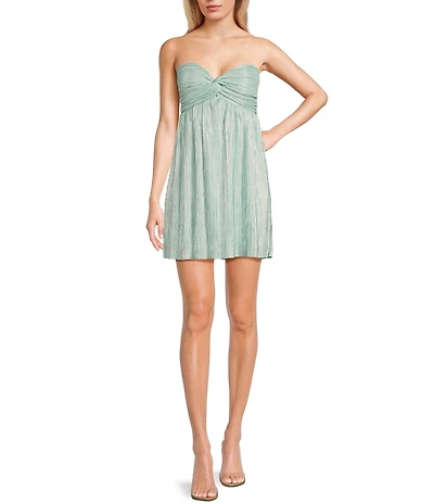 Honey and Rosie Pleated Foil Strapless Sweetheart Neck Twist Front Lace-Up Back Dress