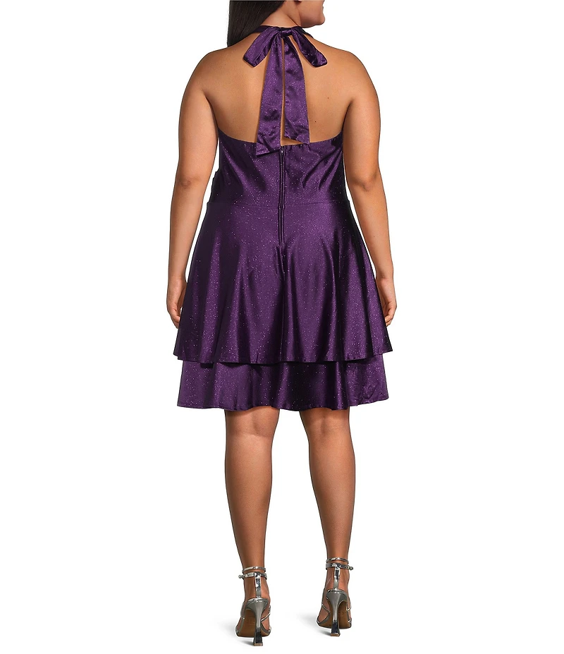 Honey and Rosie Plus Size Glitter Halter V-Neck Pleated Waist Fit And Flare Dress