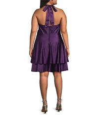 Honey and Rosie Plus Size Glitter Halter V-Neck Pleated Waist Fit And Flare Dress