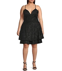 Honey and Rosie Plus Size Scuba Crepe Embroidered Deep V-Neck Scalloped Lace Back Fit And Flare Dress