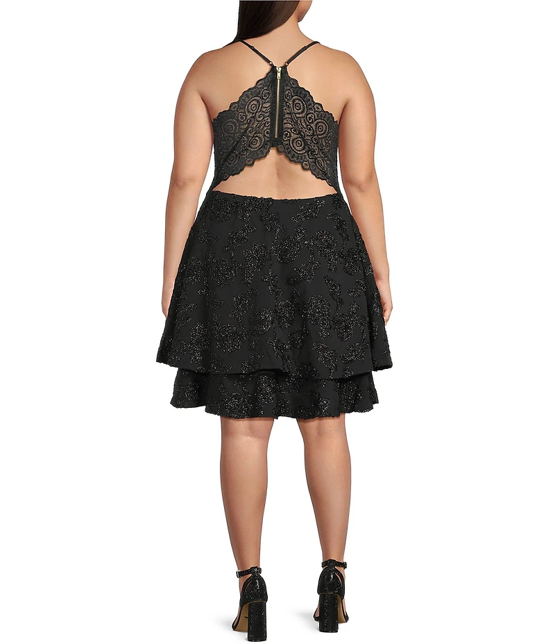 Honey and Rosie Plus Size Scuba Crepe Embroidered Deep V-Neck Scalloped Lace Back Fit And Flare Dress