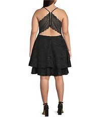 Honey and Rosie Plus Size Scuba Crepe Embroidered Deep V-Neck Scalloped Lace Back Fit And Flare Dress