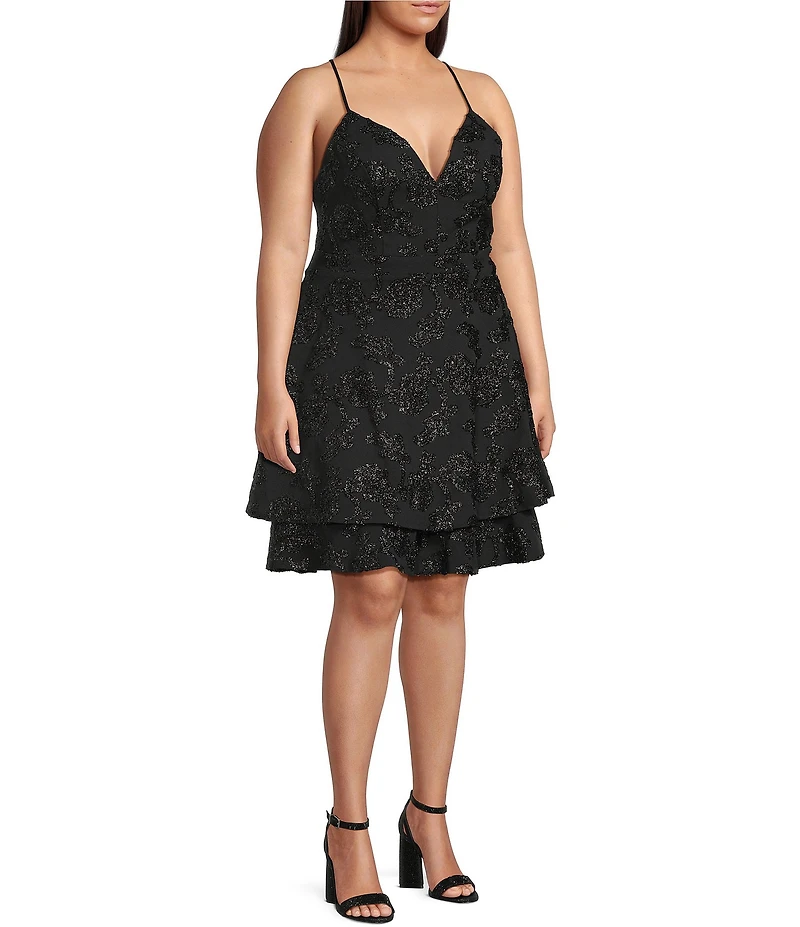 Honey and Rosie Plus Size Scuba Crepe Embroidered Deep V-Neck Scalloped Lace Back Fit And Flare Dress