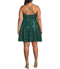 Honey and Rosie Plus Size Sequin Embroidered Criss Cross Back Fit And Flare Dress