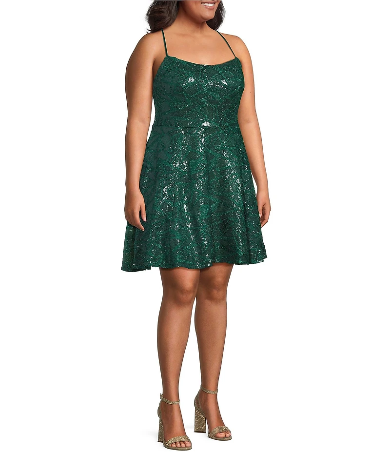Honey and Rosie Plus Size Sequin Embroidered Criss Cross Back Fit And Flare Dress