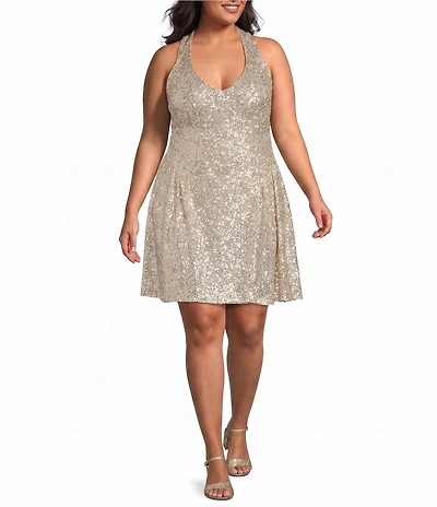 Honey and Rosie Plus Size Sequin Embroidered Lace Halter V-Neck Tie Back Dress