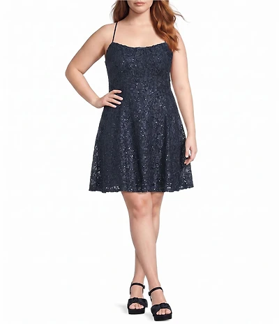 Honey and Rosie Plus Size Sleeveless Corded Eyelash Sequin-Embellished Lace Fit-And-Flare Dress