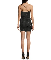 Honey and Rosie Power Mesh Pearled Rhinestone One-Shoulder Shirred Bodycon Dress