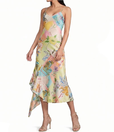 Honey and Rosie Printed Asymmetrical Hem Slip Dress