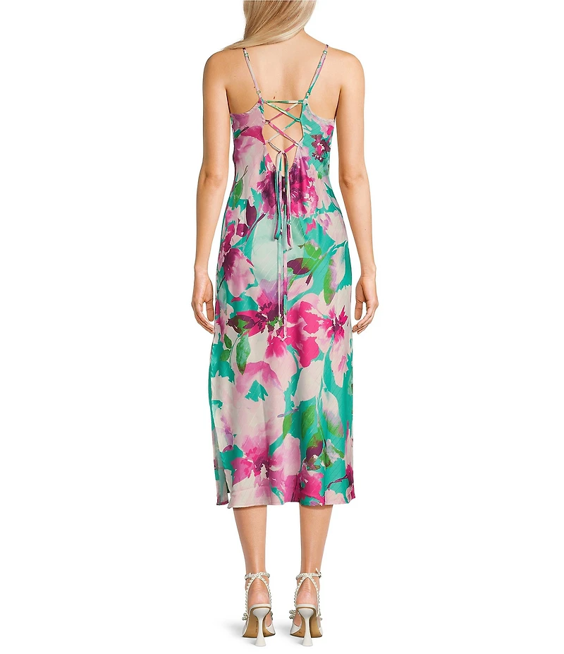 Honey and Rosie Printed Floral Satin Sleeveless Sweetheart Neckline Midi Dress