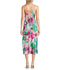 Honey and Rosie Printed Floral Satin Sleeveless Sweetheart Neckline Midi Dress