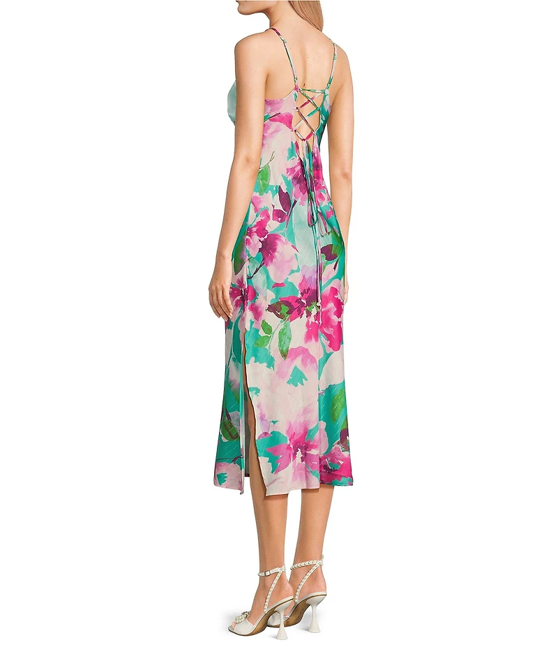 Honey and Rosie Printed Floral Satin Sleeveless Sweetheart Neckline Midi Dress