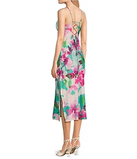 Honey and Rosie Printed Floral Satin Sleeveless Sweetheart Neckline Midi Dress