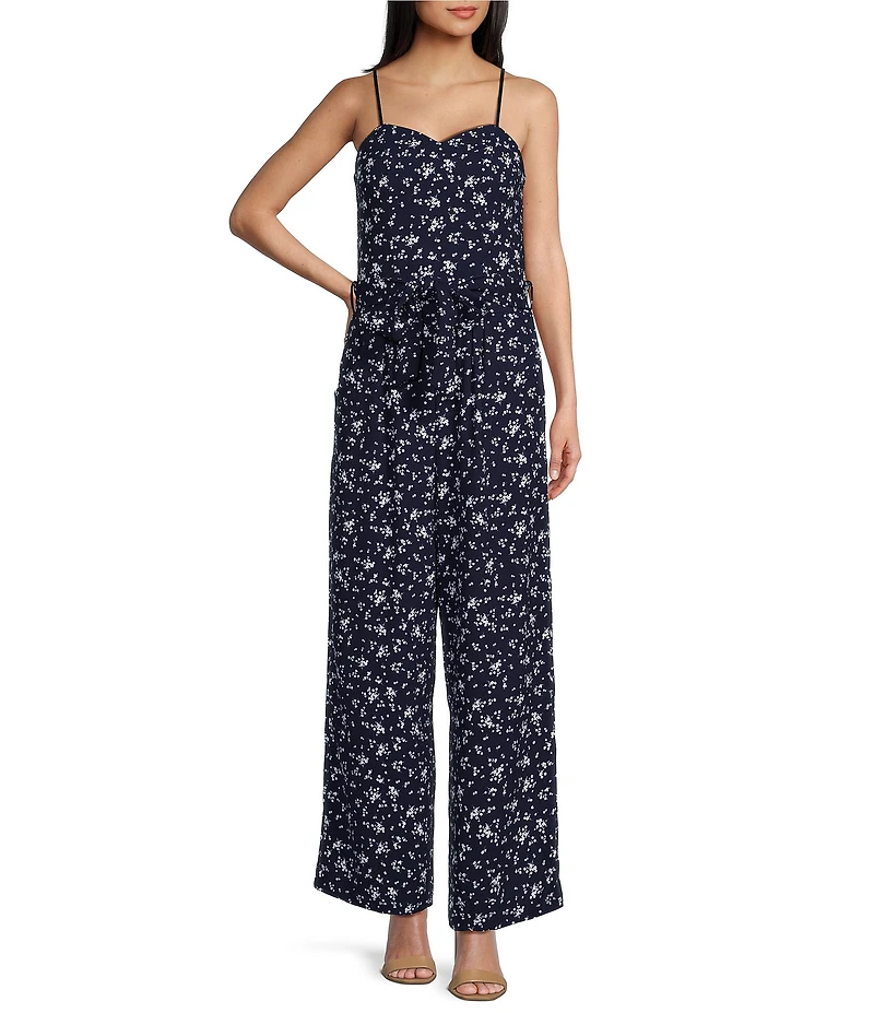 Honey and Rosie Printed Scuba Crepe Sweetheart Neck Spaghetti Strap Belted Jumpsuit