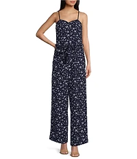 Honey and Rosie Printed Scuba Crepe Sweetheart Neck Spaghetti Strap Belted Jumpsuit
