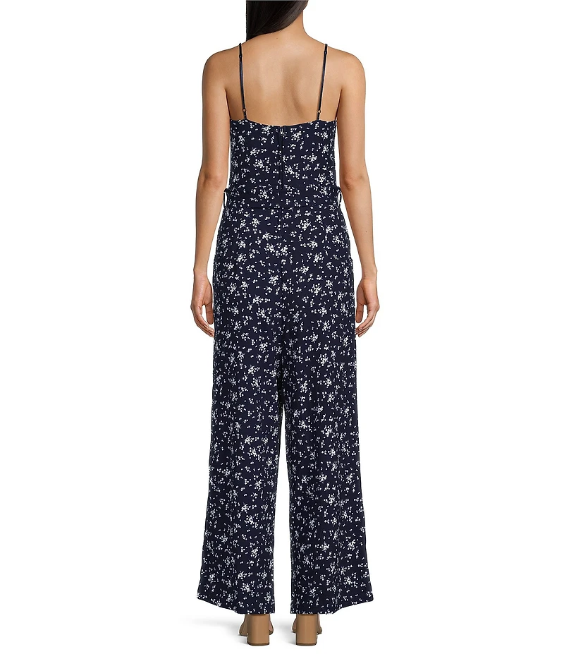 Honey and Rosie Printed Scuba Crepe Sweetheart Neck Spaghetti Strap Belted Jumpsuit