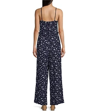 Honey and Rosie Printed Scuba Crepe Sweetheart Neck Spaghetti Strap Belted Jumpsuit