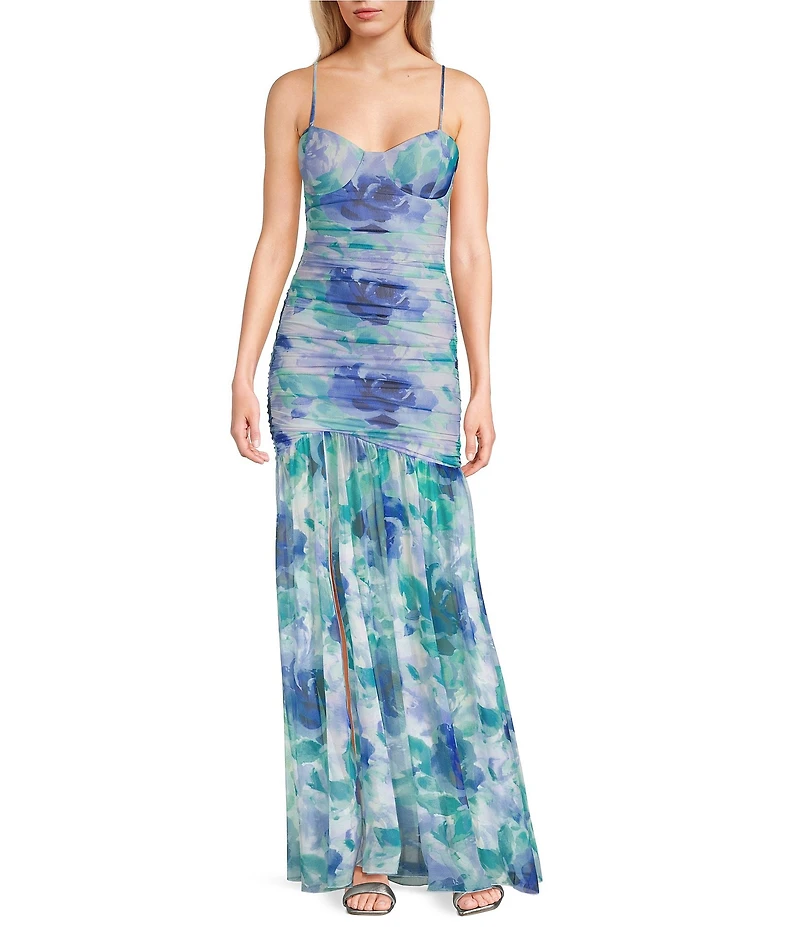 Honey and Rosie Printed Spaghetti Strap Sweetheart Neck Shirred Long Fitted Dress