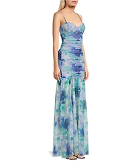 Honey and Rosie Printed Spaghetti Strap Sweetheart Neck Shirred Long Fitted Dress