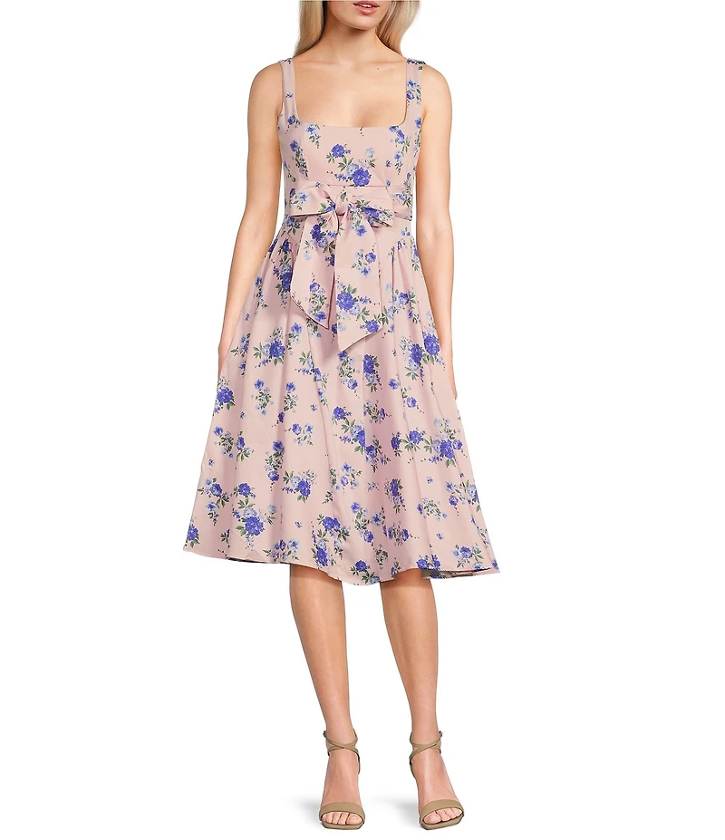 Honey and Rosie Floral Printed Stretch Sateen Square Neck Open Back Midi Dress