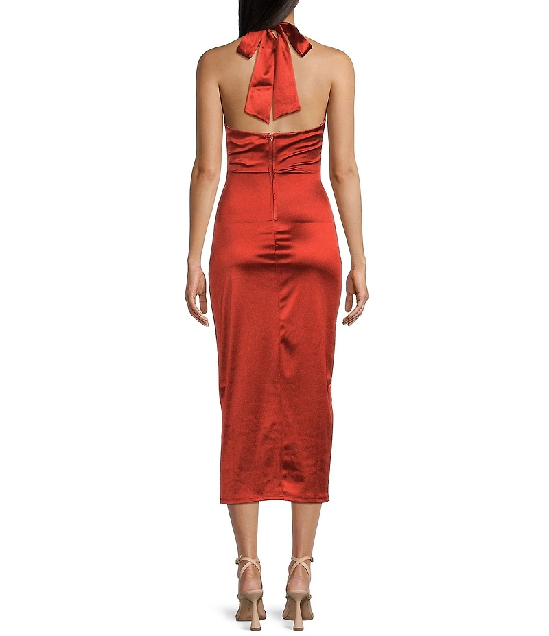 Honey and Rosie Royal Sateen Halter Plunge V-Neck Cummerbund Inspired Waist Midi Dress