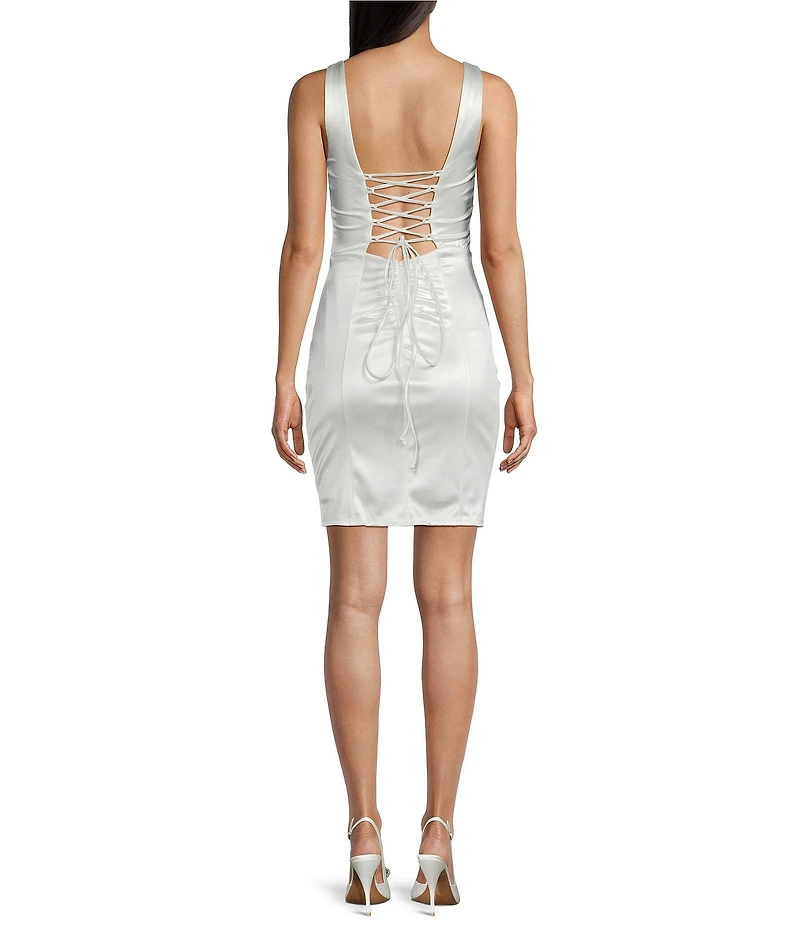 Honey and Rosie Sateen Deep V-Neck Corset Inspired Front Slit Lace Up Tie Back Dress