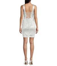 Honey and Rosie Sateen Deep V-Neck Corset Inspired Front Slit Lace Up Tie Back Dress